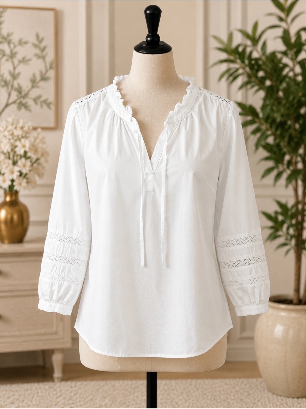 Talbots White Peasant Blouse with Ruffle Collar